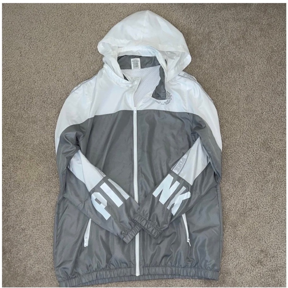 PINK womens windbreaker gray and white